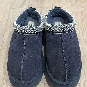 UGG Dark Blue Suede Slip-Ons with Patterned Trim - gently worn -